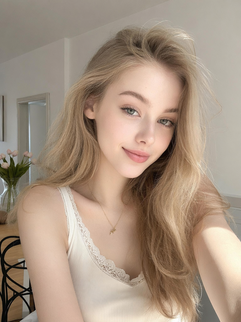 Portrait selfie of a blonde woman in natural light for AI personal color analysis