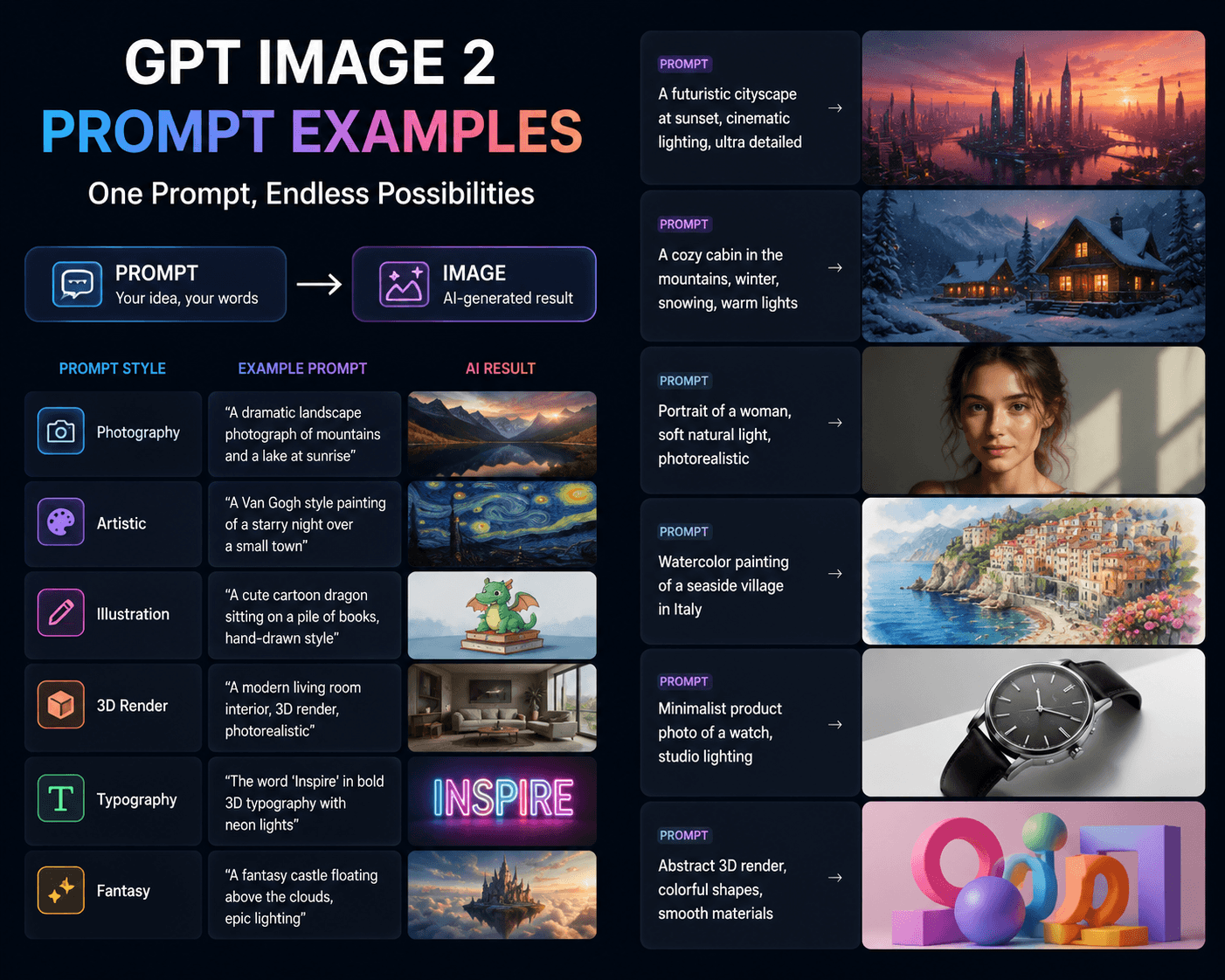 A comprehensive infographic titled "GPT Image 2 Prompt Examples" comparing different styles like Photography, Artistic, and 3D Render with their specific prompt formulas and resulting AI images.