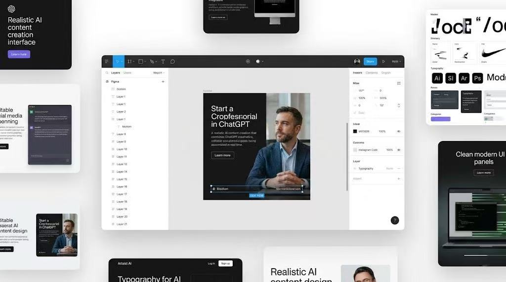 be5877c04da052603bedc8a570382268 – WeShop AI Blog A realistic SaaS interface combining ChatGPT and Figma elements for real-time social media content assembly and layout editing.