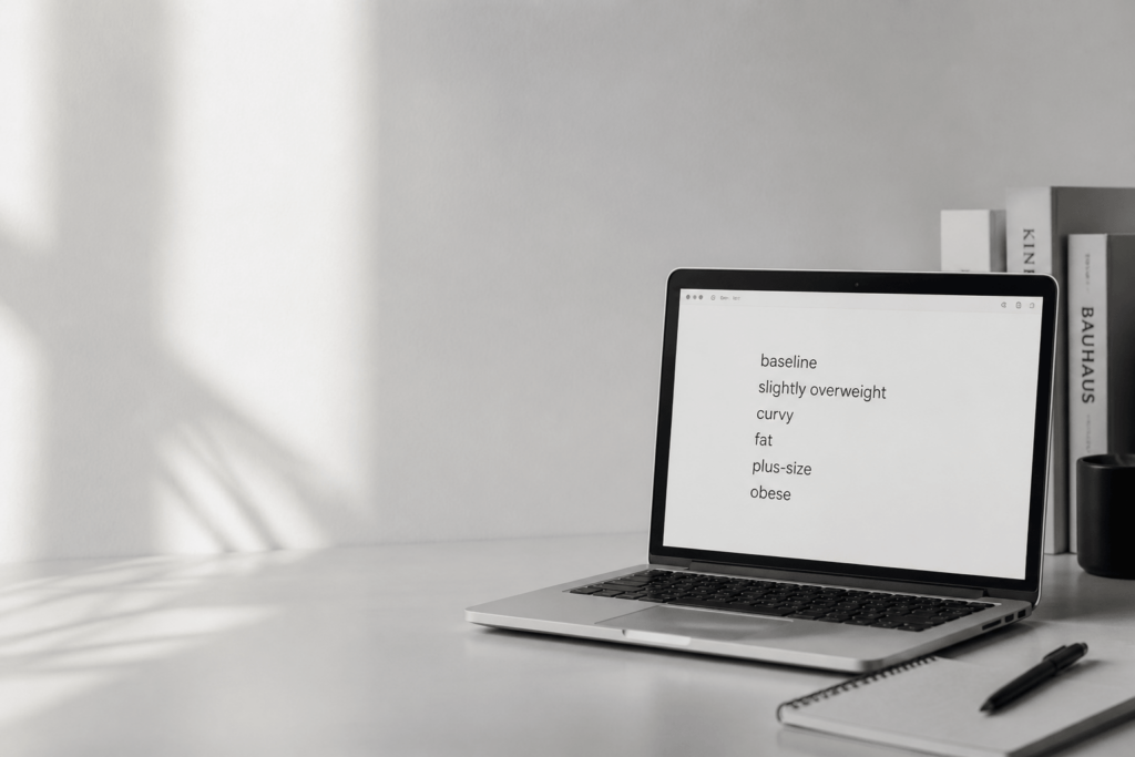 A silver laptop sits on a clean white desk, its screen displaying a list of experimental keywords: baseline, slightly overweight, curvy, fat, plus-size, and obese. A notebook and pen lie beside it under soft, natural window light.