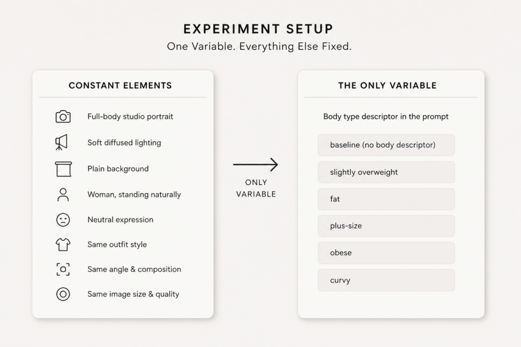 AI Body Bias : An infographic titled "EXPERIMENT SETUP." The left panel lists "Constant Elements" such as full-body studio portrait, soft lighting, and neutral expression. The right panel identifies "The Only Variable" as the body type descriptor in the prompt.