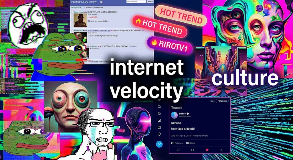 ca0703f13c114ebe185628029033bd5e – WeShop AI Blog A vibrant, saturated artistic collage visualizing the velocity of internet platform culture. It blends glitched meme faces, forum screenshots, hot trend tags, surreal AI imagery, and rapid data streams into a single, dynamic visualization of flowing digital zeitgeist.