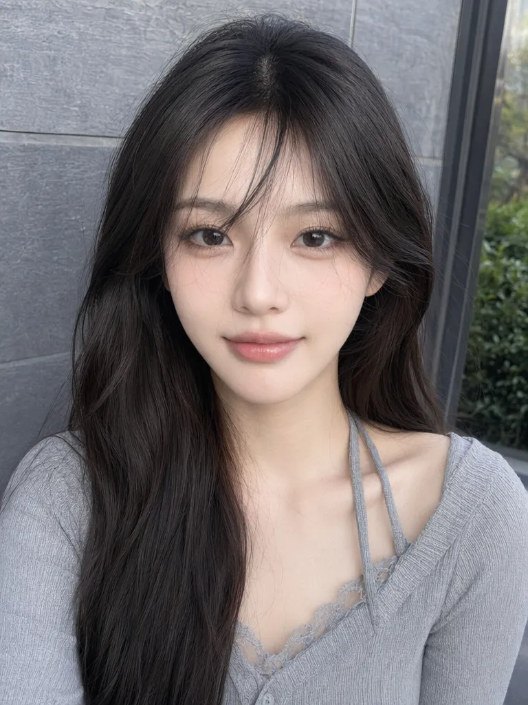 Selfie portrait of a woman with long dark hair used for AI hairstyle, makeup, and color analysis