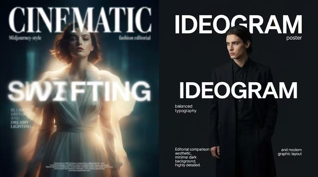 cc6df59dea6d7b766303b169b2e3cf8a – WeShop AI Blog A split-screen comparison showing a dreamy, cinematic fashion shot on the left and a sharp, text-heavy graphic poster on the right.