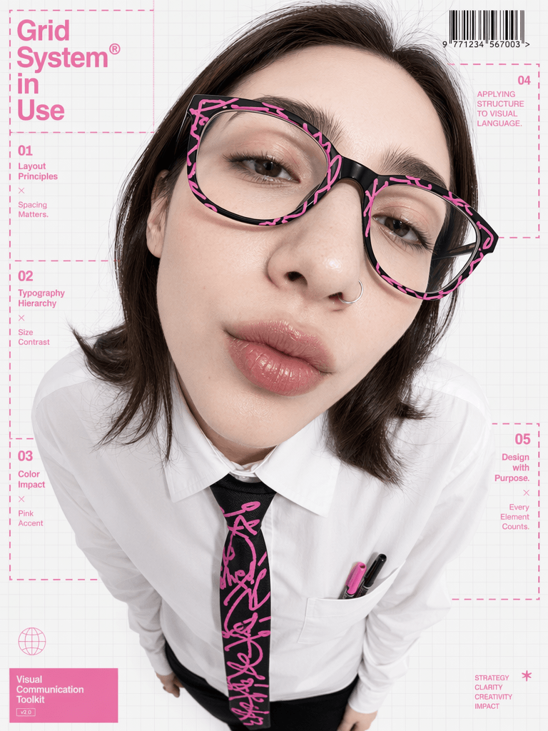 A close-up wide-angle portrait of a woman with glasses and a pink patterned tie against a grid background for thumbnail design layout.