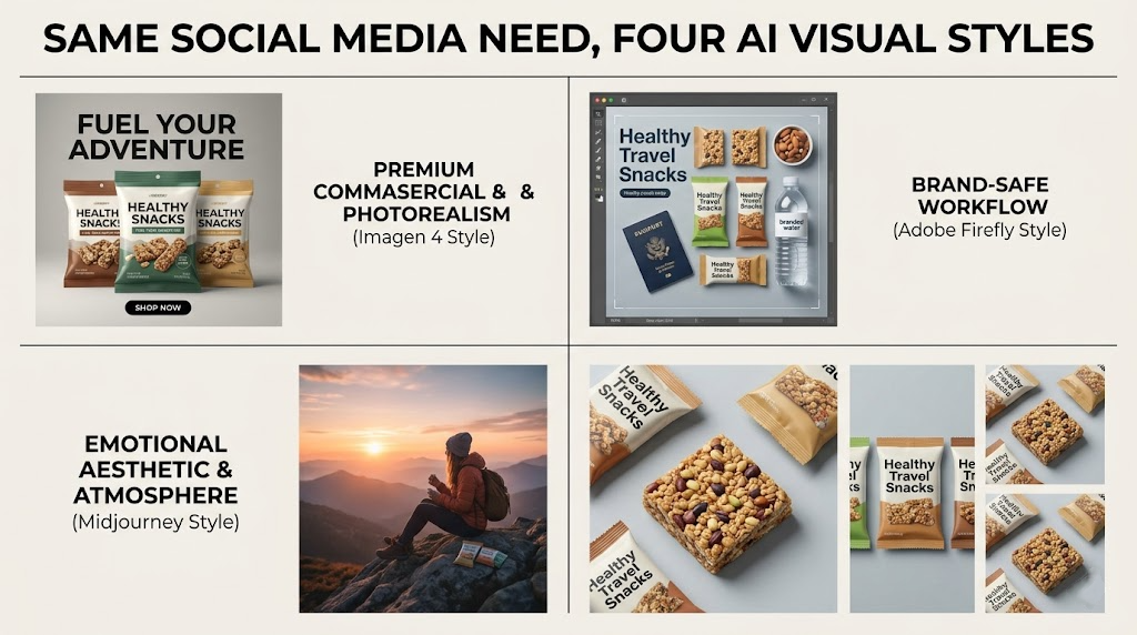 d2df97f0c881c533eed78d1b58d52483 – WeShop AI Blog A professional 2x2 grid comparing different AI-generated styles: high-end commercial, brand-safe workflow, emotional aesthetic, and high-fidelity poster design.