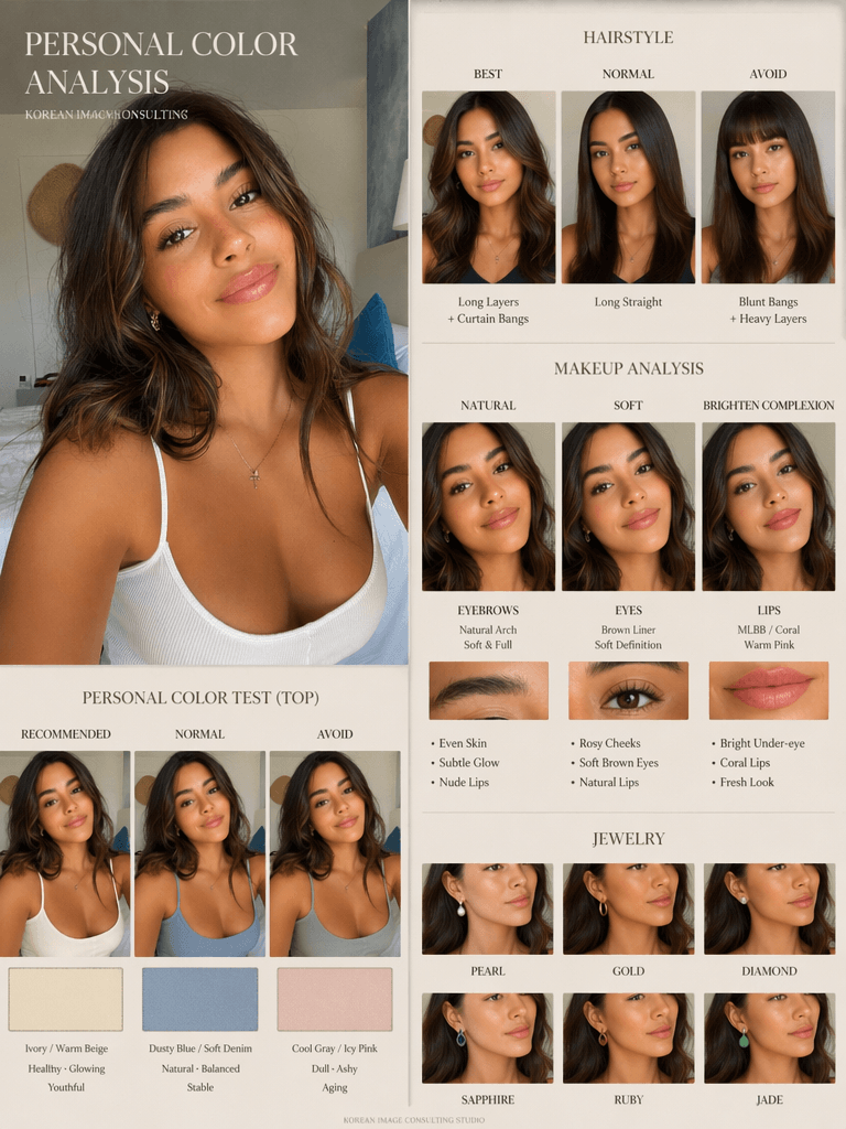 AI-generated personal color analysis board showing hairstyle, makeup, clothing color, and jewelry recommendations for a warm-toned portrait