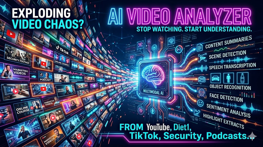 A high-energy visual titled "AI Video Analyzer" showing a multimodal AI core organizing a chaotic stream of video thumbnails into structured data like scene detection and sentiment analysis.