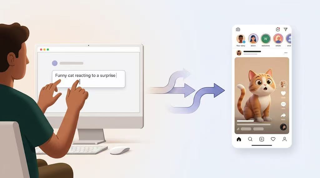 A modern tech illustration showing a split-screen view: on the left, a user types a prompt into a computer; on the right, a mobile social media feed displays a generated video, connected by stylized workflow arrows.