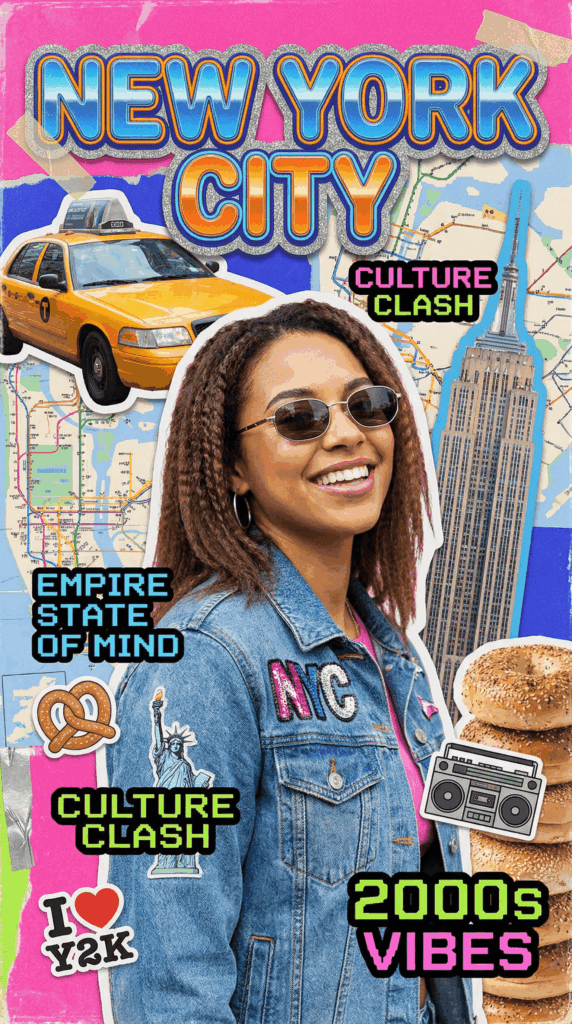 A smiling Black woman in a denim jacket with retro NYC stickers and yellow taxi cabs, showcasing a 2000s vibes social media cover template.
