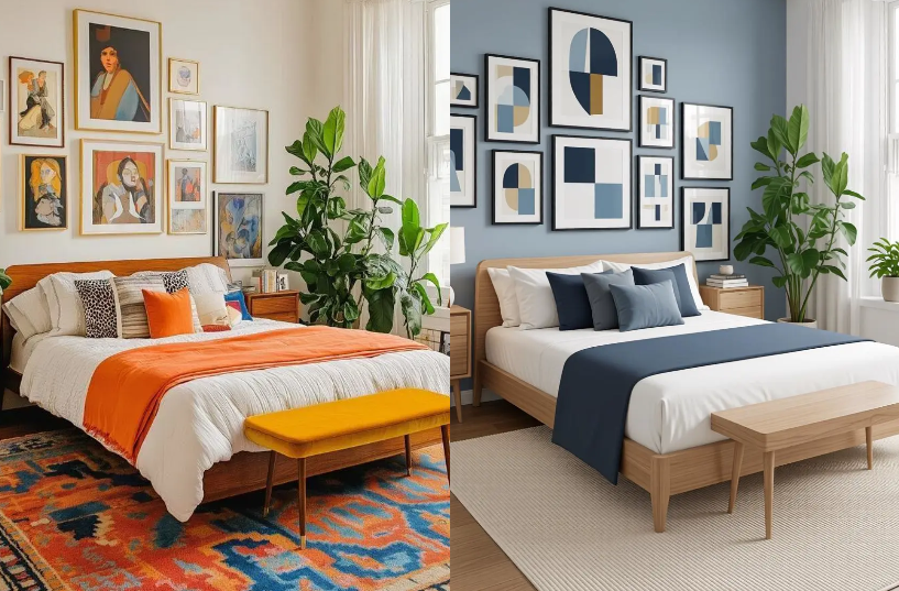 er – WeShop AI Blog Two AI-generated bedroom variants: one featuring vibrant orange accents and a bohemian vibe, the other a calm, blue-toned modern gallery-wall design.