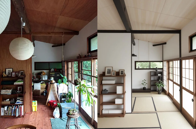 fu – WeShop AI Blog AI interior design comparison of a traditional Japanese room with wooden beams, evolving from a crowded storage area to a serene, Zen-inspired tatami room.