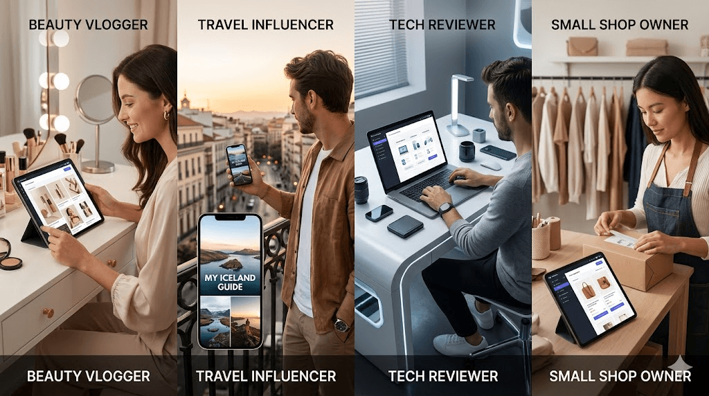 go – WeShop AI Blog A split-view image showing a beauty vlogger, a travel influencer, a tech reviewer, and a small shop owner all using AI image generation tools on their devices.
