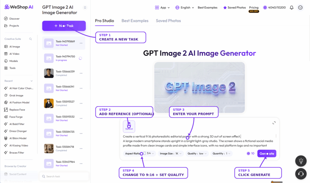 gpt-image-2-step-by-step-annotated 1 – WeShop AI Blog WeShop AI GPT Image 2 interface with a prompt for creating a 3D out of screen effect