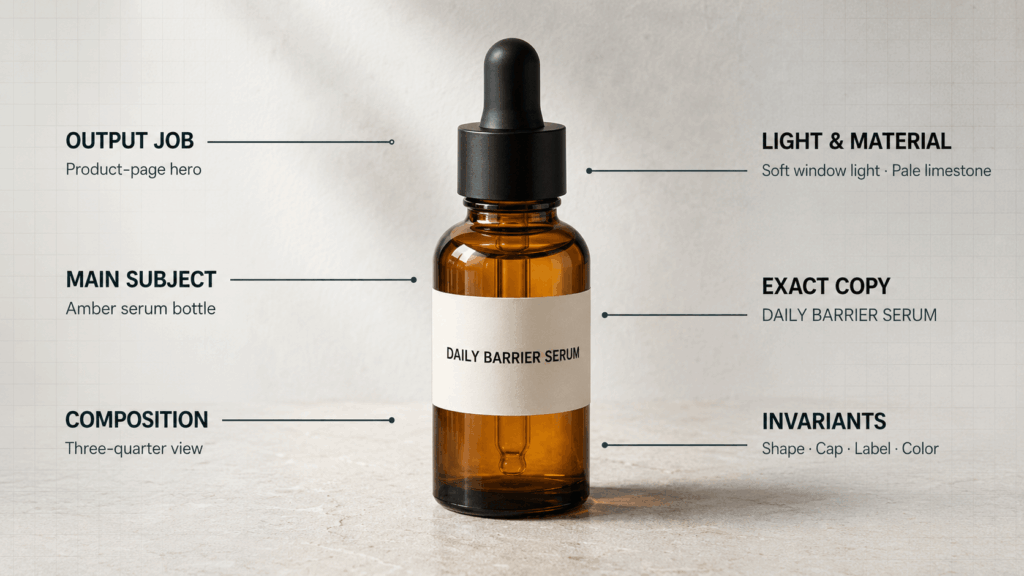GPT Image 2 prompt anatomy diagram with an amber serum bottle and six labeled prompt elements.