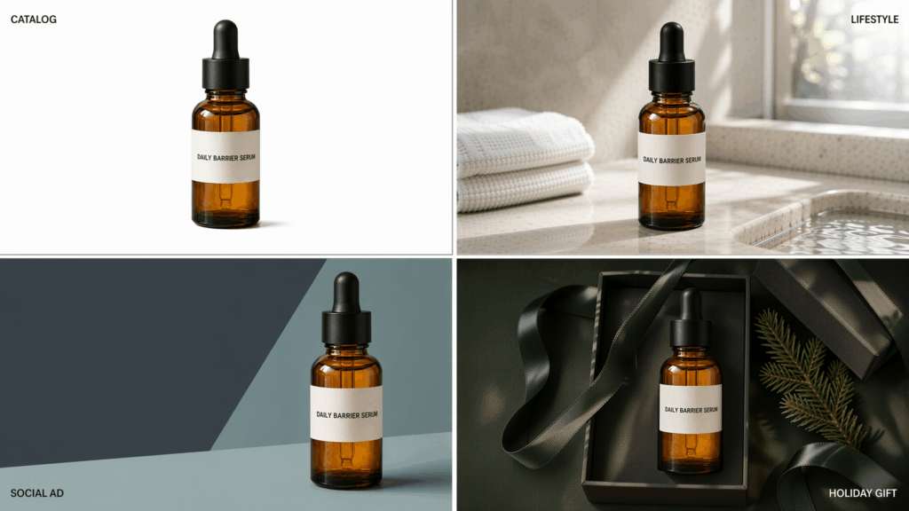 The same amber serum bottle shown in catalog, lifestyle, social ad, and holiday gift scenes.