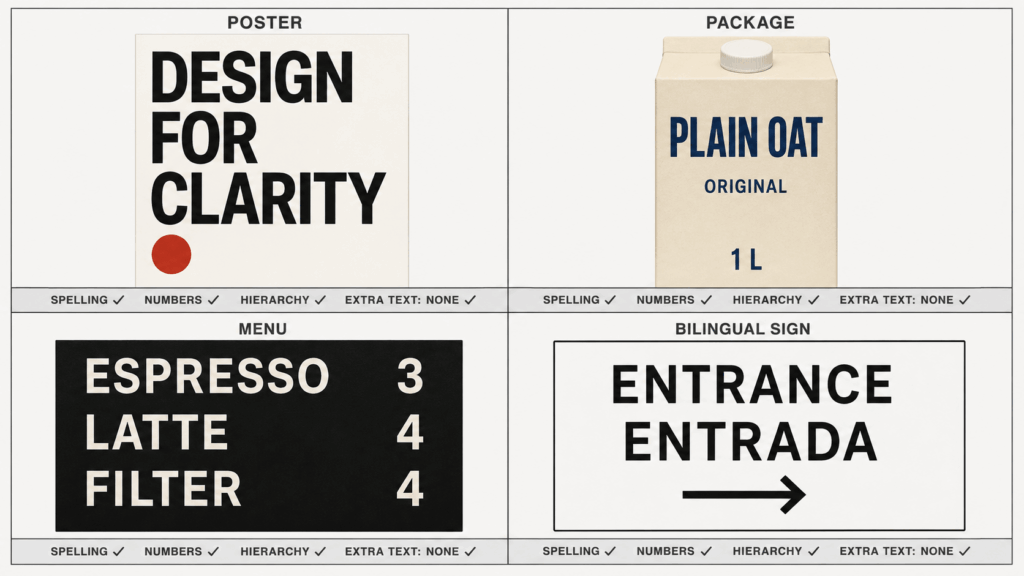 Four-panel GPT Image 2 text test featuring a poster, package, menu, and bilingual sign.