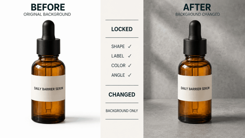 Before-and-after comparison showing the same serum bottle with only the background changed.