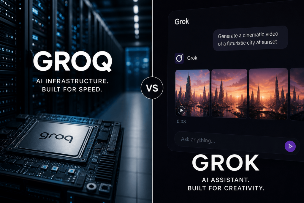 A side-by-side comparison between Groq "AI Infrastructure" and Grok "AI Assistant," highlighting the distinction between speed-driven hardware and creativity-driven software.