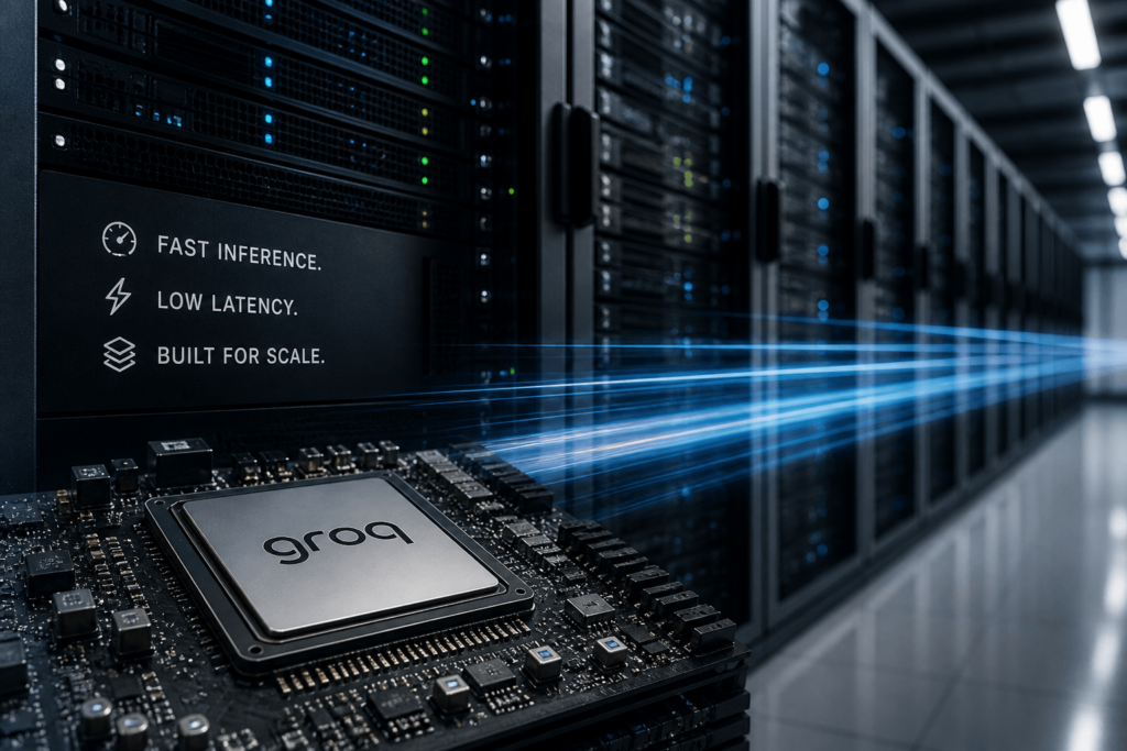 Close-up of a Groq LPU inference engine chip set against a high-speed data center background with blue light trails.