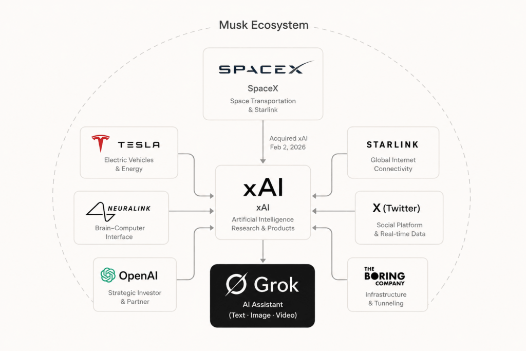 A conceptual diagram of the Musk Ecosystem showing xAI at the center, connected to SpaceX, Tesla, Starlink, X, and others, with a specific note on the 2026 acquisition.