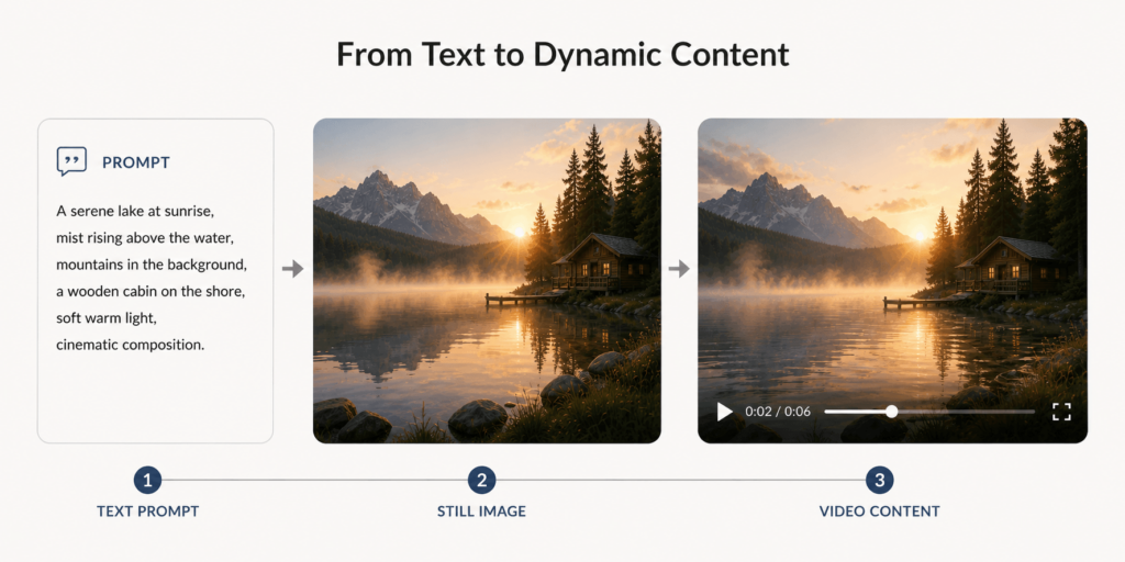 A three-step workflow showing a text prompt being transformed into a still image and finally into a cinematic video of a cabin by a lake.