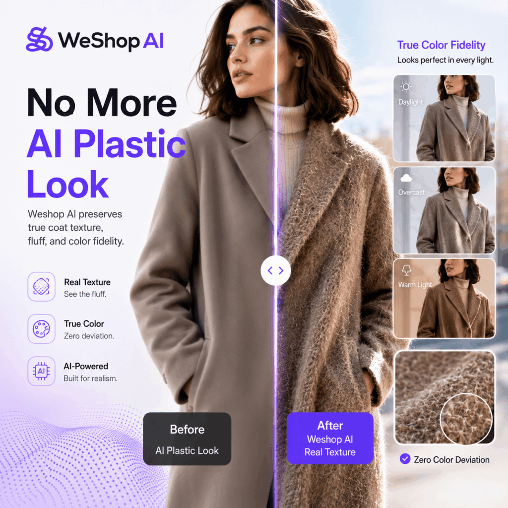 Weshop AI virtual try-on comparison showing a winter coat before and after texture restoration, with true color fidelity and fluffy fabric details.
