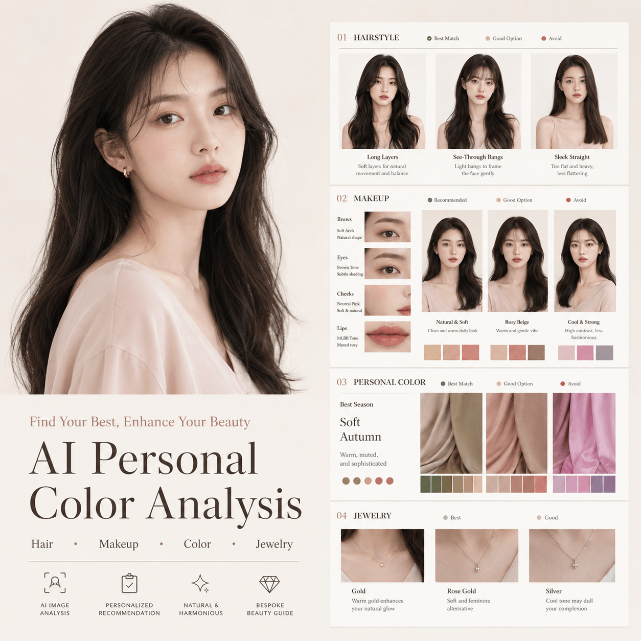 AI personal color analysis hero image featuring a portrait and a Korean-style beauty report with hairstyle, makeup, color, and jewelry recommendations