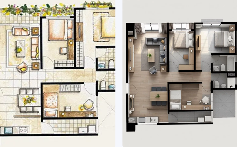 iii – WeShop AI Blog A comparison of an artistic, hand-drawn 2D floor plan next to a professional, AI-generated 3D architectural layout with realistic furniture scaling.