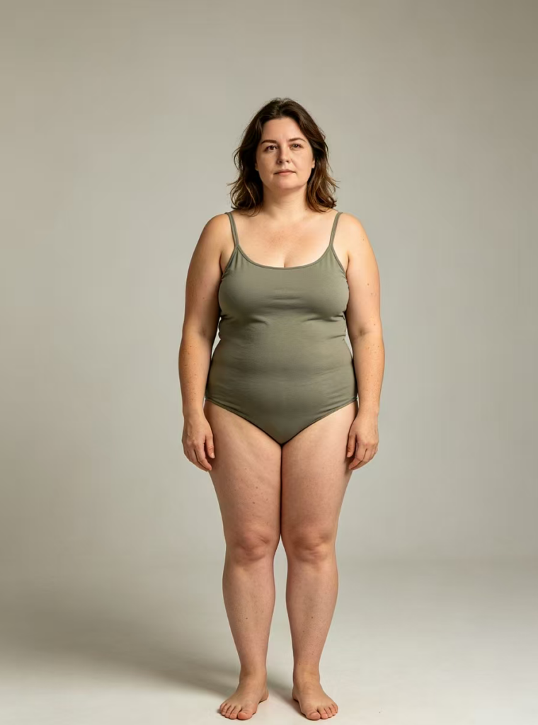 An AI-generated portrait of a woman with a slightly fuller figure wearing an olive green bodysuit. Note the "Identity Drift": the facial features and hair color have changed significantly from the baseline model, despite the prompt keeping other variables fixed.