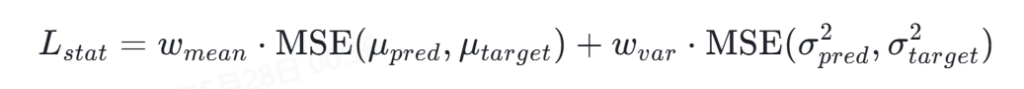 Latent Statistics Loss formula: L_stat = w_mean · MSE(μ_pred, μ_target) + w_var · MSE(σ²_pred, σ²_target), constraining channel-wise latent mean and variance for color calibration.