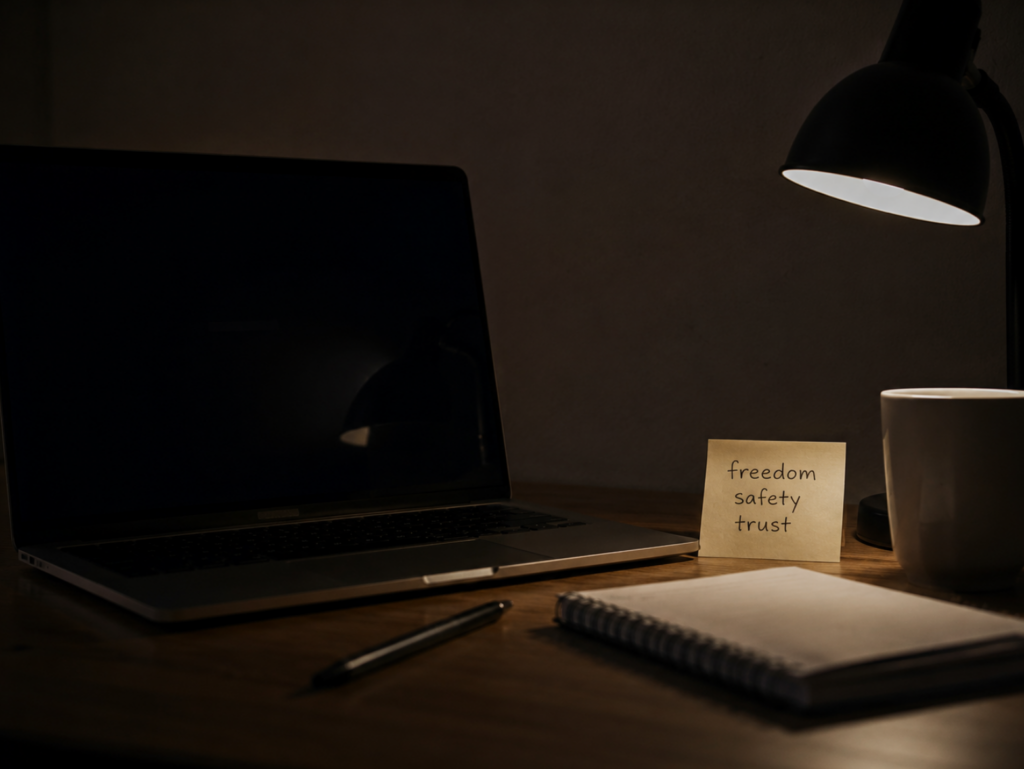A close-up of a desk at night, lit by a single desk lamp. A sticky note is visible next to a coffee cup, with the words "freedom," "safety," and "trust" handwritten on it.
