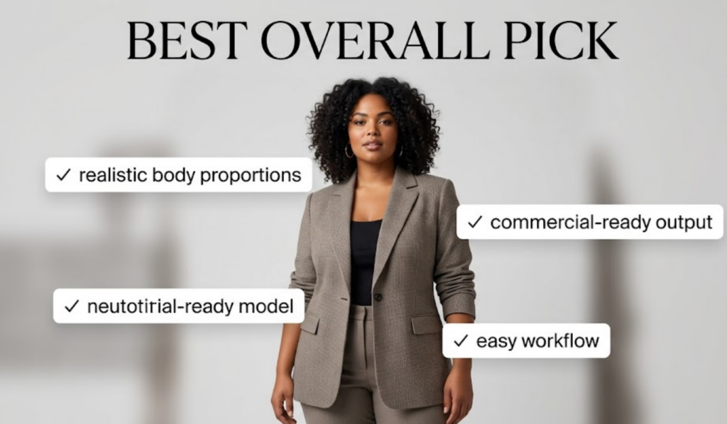 A premium tech review style card featuring a natural, curly-haired plus-size fashion model. Clear checkmark labels around her state '✓ realistic body proportions,' '✓ commercial-ready output,' and '✓ easy workflow.' The header reads 'BEST OVERALL PICK'.