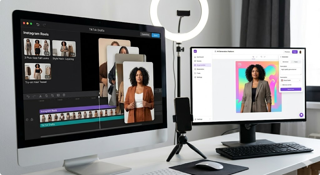 A modern content creator's workspace. A desktop monitor on the left shows a video editing interface with vertical video previews ('Instagram Reels', 'TikTok Drafts'). A monitor on the right shows an AI generation platform with a trending graphic featuring a confident plus-size model. A ring light is visible in the background.