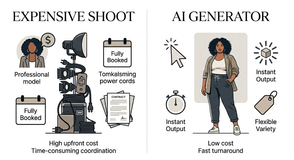 A clean, graphic style comparison infographic split vertically. The left side, 'EXPENSIVE SHOOT', uses icons for a complex process. The right side, 'AI GENERATOR', uses sleek icons for instant output, representing low cost and fast turnaround, featuring a generalized plus-size model illustration. The color palette is muted and professional.

