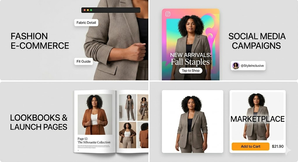 A professionally composed four-panel (2x2 grid) infographic illustrating distinct use cases. All panels feature the same curly-haired plus-size model, maintaining continuity across 'FASHION E-COMMERCE' (product detail), 'SOCIAL MEDIA CAMPAIGNS' (vertical post), 'LOOKBOOKS & LAUNCH PAGES' (editorial spread), and 'MARKETPLACE LISTINGS' (clean plain background).