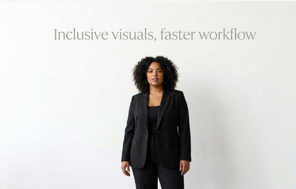 A minimalist, premium closing image. A confident plus-size fashion model stands against a pure white, slightly textured studio wall. She is centered, wearing a sophisticated black tailored blazer and trousers. Elegant grey sans-serif text in the upper negative space reads, 'Inclusive visuals, faster workflow'. Soft natural lighting emphasizes textures.