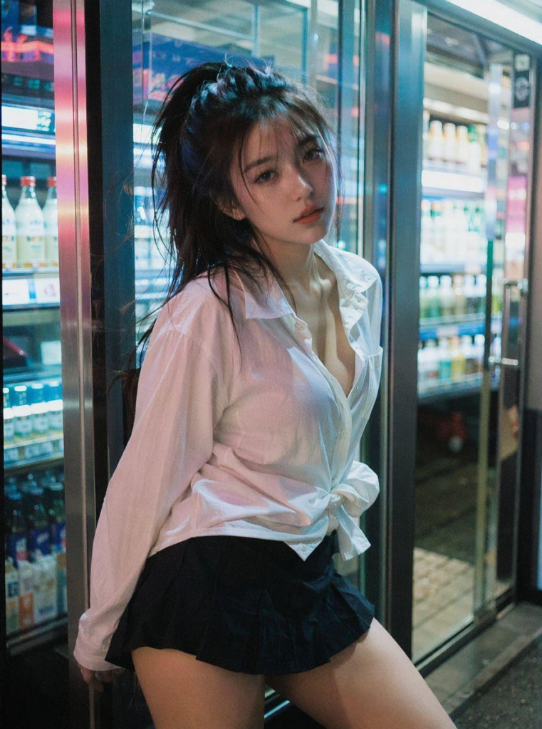 A realistic low-light smartphone-style photograph of a young East Asian woman leaning against a convenience store refrigerator, featuring natural skin textures and soft, authentic urban neon lighting.