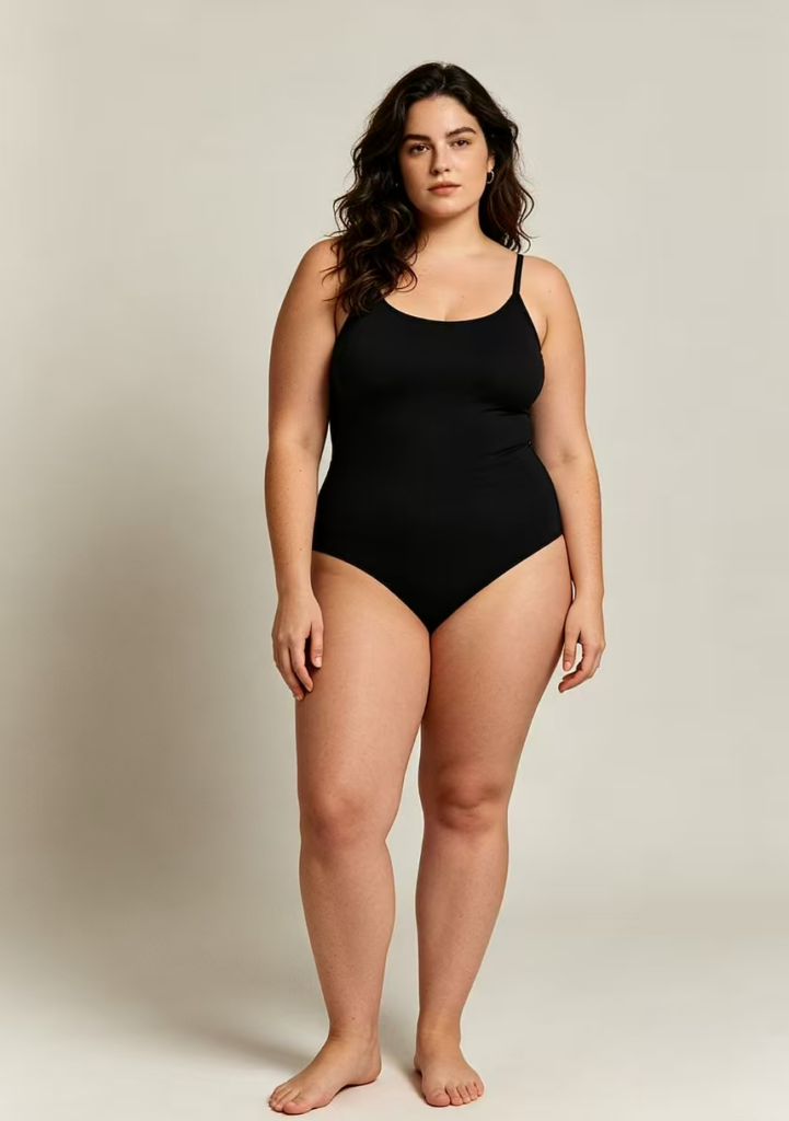 An AI-generated portrait using the prompt "fat." Notably, the system exhibits "soft refusal" by changing the outfit from the previous bodysuits to a black knee-length dress, effectively obscuring more of the body's silhouette compared to the thinner subjects.