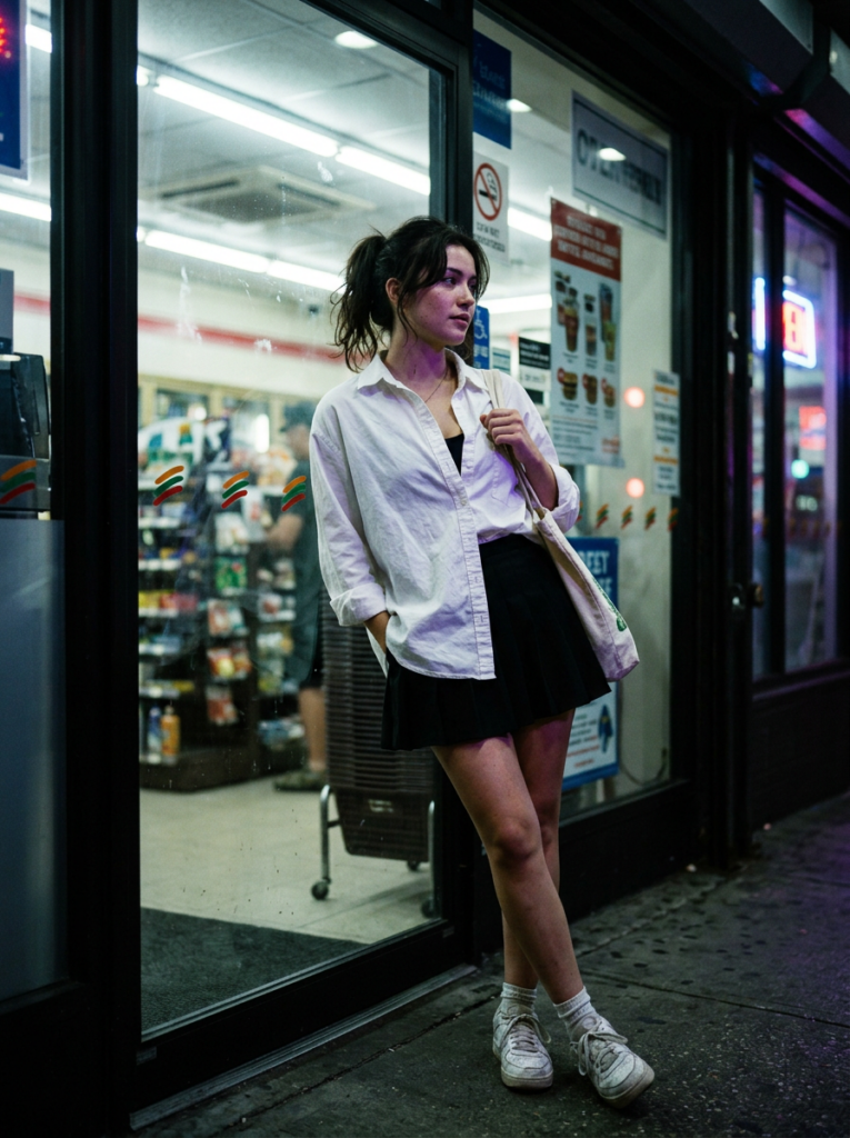 A realistic low-light smartphone-style photograph of a young East Asian woman leaning against a convenience store refrigerator, featuring natural skin textures and soft, authentic urban neon lighting.