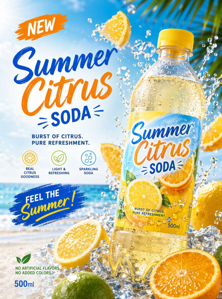 A professional product poster for 'Summer Citrus SODA' featuring a yellow bottle on crushed ice with dynamic water splashes and citrus slices, showcasing clean typography and a structured commercial layout.