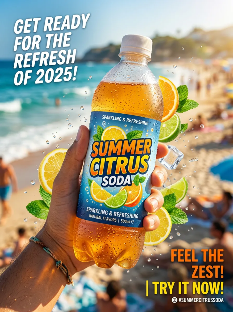 A highly saturated and energetic product shot of a citrus soda bottle surrounded by large, dramatic water splashes and fruit slices, emphasizing motion and a refreshing summer vibe.