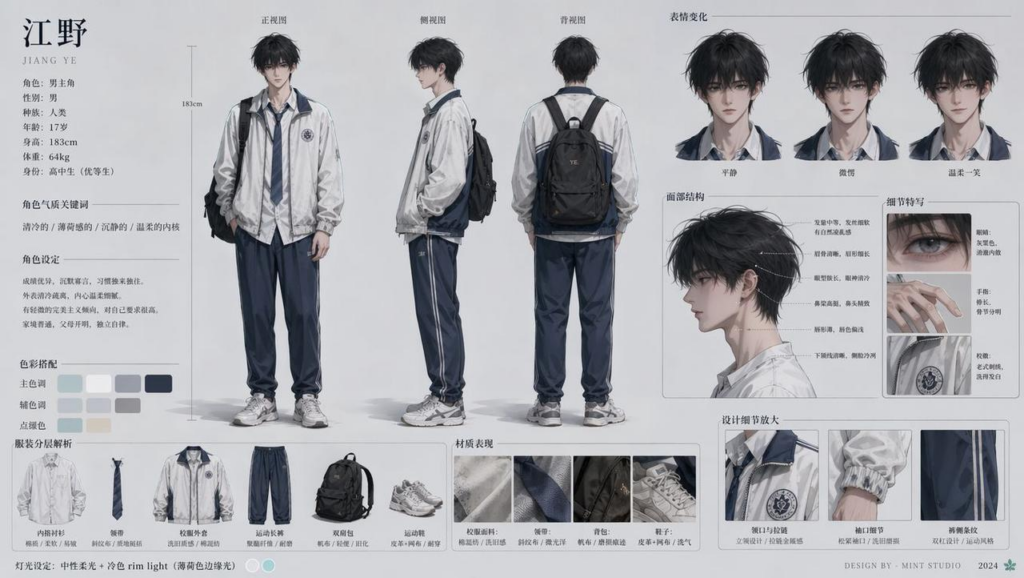 A comprehensive anime-style character reference sheet showing a male student in a school uniform from front, side, and back views, including detailed item callouts and clear line art.