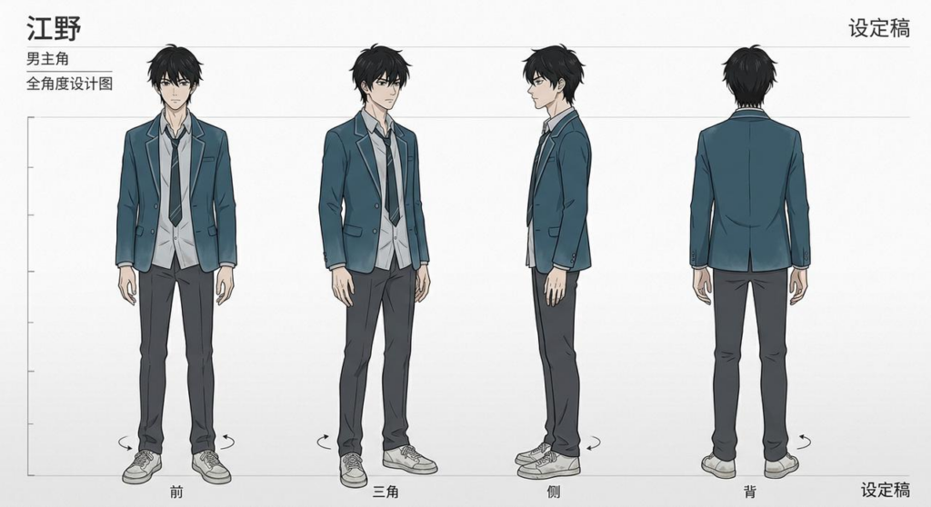 A clean manhwa-style character concept sheet for a male high school protagonist, presenting orthographic views and facial expressions on a neutral studio background with professional cel-shading.