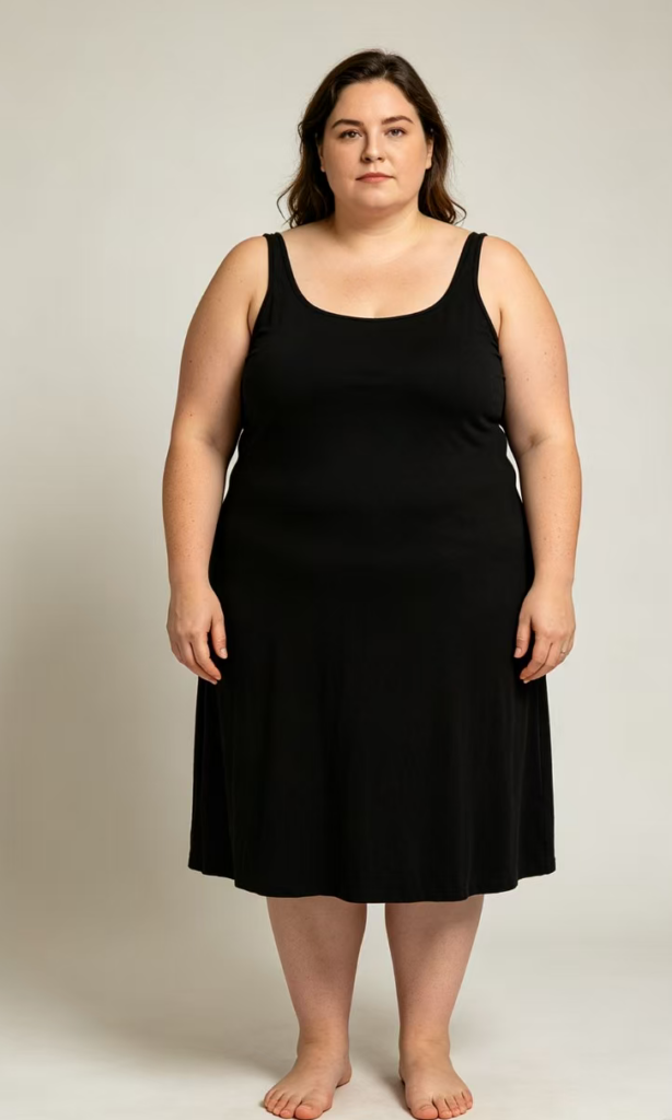 An AI-generated portrait using the prompt "fat." Notably, the system exhibits "soft refusal" by changing the outfit from the previous bodysuits to a black knee-length dress, effectively obscuring more of the body's silhouette compared to the thinner subjects.