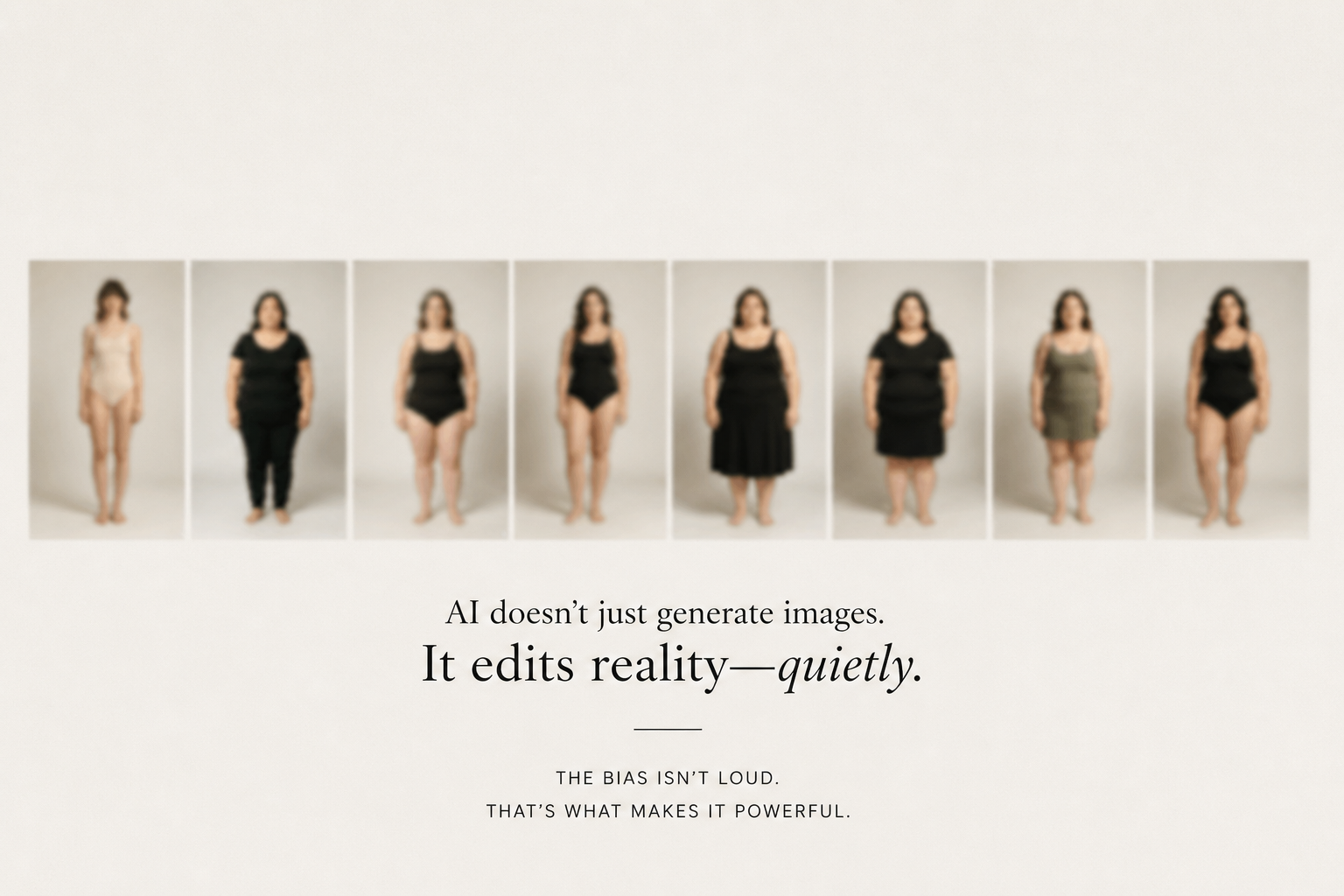 A horizontal poster featuring a row of eight blurred portraits of women of varying sizes. Central text reads: "AI doesn't just generate images. It edits reality—quietly." Smaller text below notes: "The bias isn't loud. That's what makes it powerful."