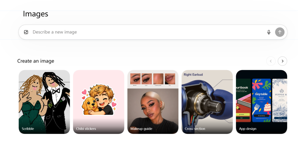 A screenshot of the GPT Image 2 interface showing various creative modules: Scribble to image, Chibi stickers, Makeup guide, Cross-section diagrams, and App design layouts.