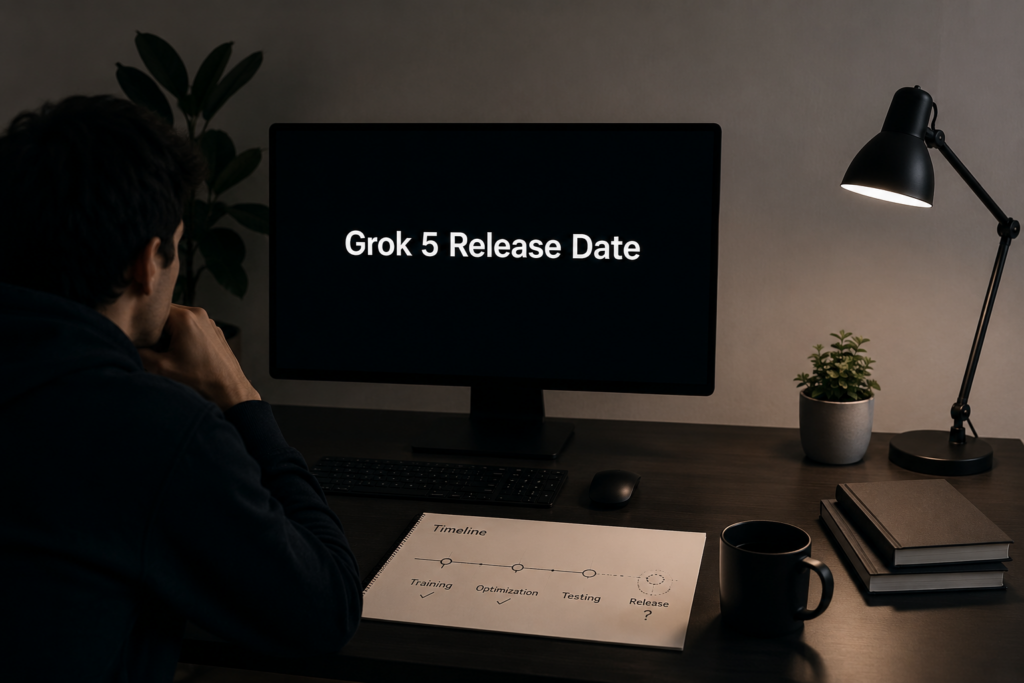 A moody, high-angle shot of a person sitting at a desk in a dimly lit room, looking at a computer monitor that displays "Grok 5 Release Date." On the desk is a physical timeline sketch showing stages: Training, Optimization, Testing, and a questioned Release.