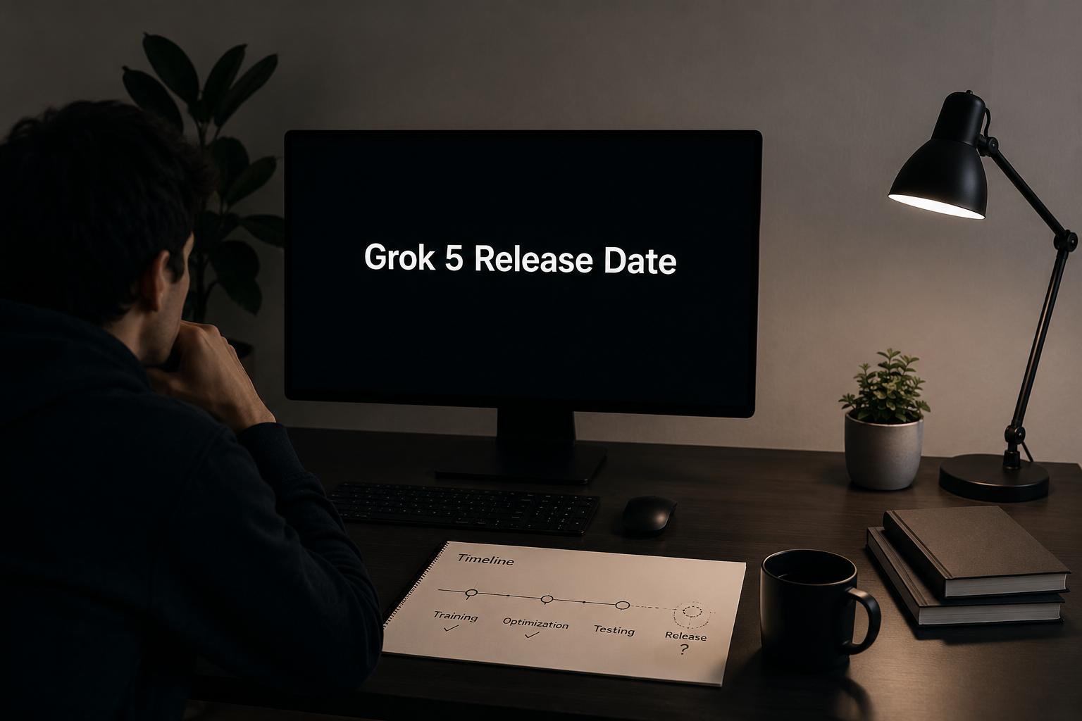 A cinematic, high-angle shot of a developer in a dimly lit office, staring at a monitor displaying "Grok 5 Release Date." A physical notepad on the desk shows a sketched timeline moving from Training and Optimization to a questioned Release date.