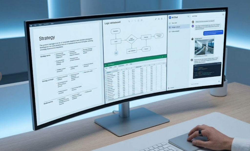 image-58 – WeShop AI Blog A close-up, high-angle photograph of a curved monitor in a modern, minimalist office. The screen multi-tasks: a strategy document, a logic whiteboard, spreadsheet data, and a multi-modal AI chat interface are all visible. A hand rests on a trackpad in the foreground.